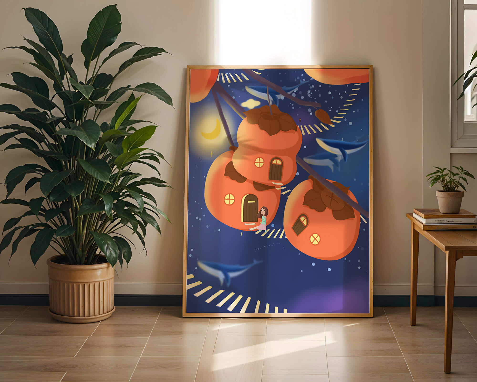 Whimsical night scene with floating persimmon houses and swimming whales