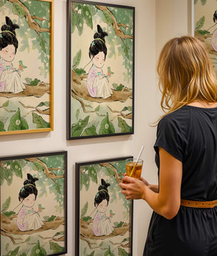 Serene illustration of a girl with a bird in a tree
