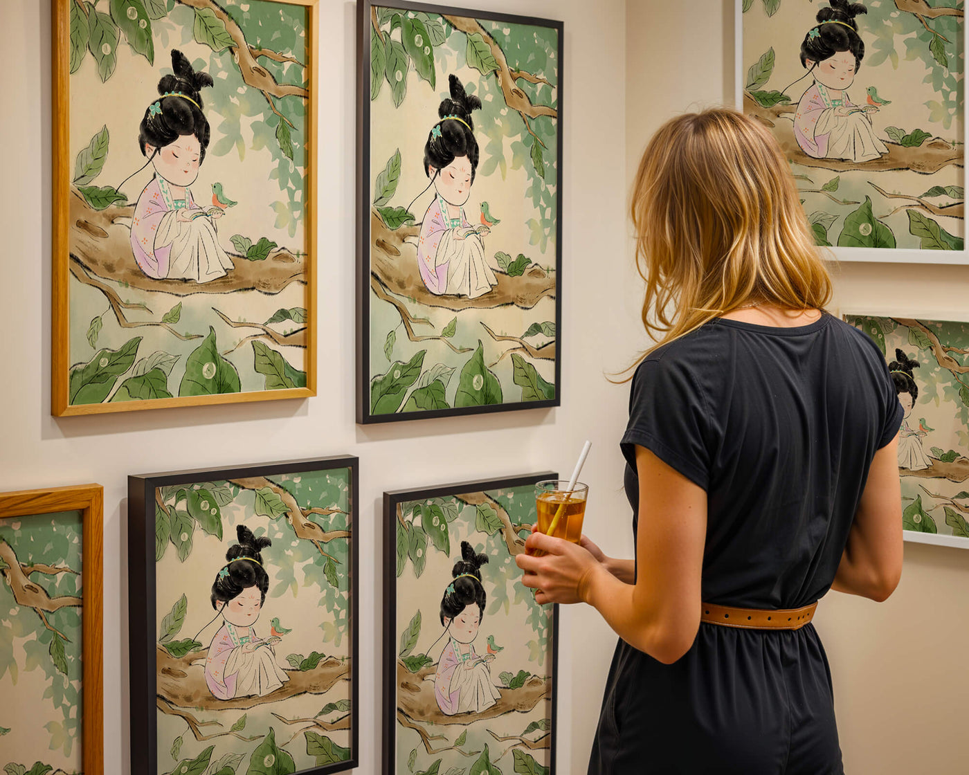 Serene illustration of a girl with a bird in a tree