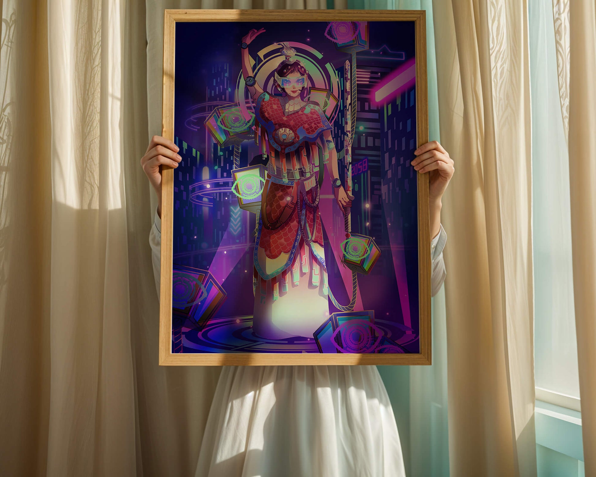 Futuristic warrior in vibrant neon cityscape with digital elements