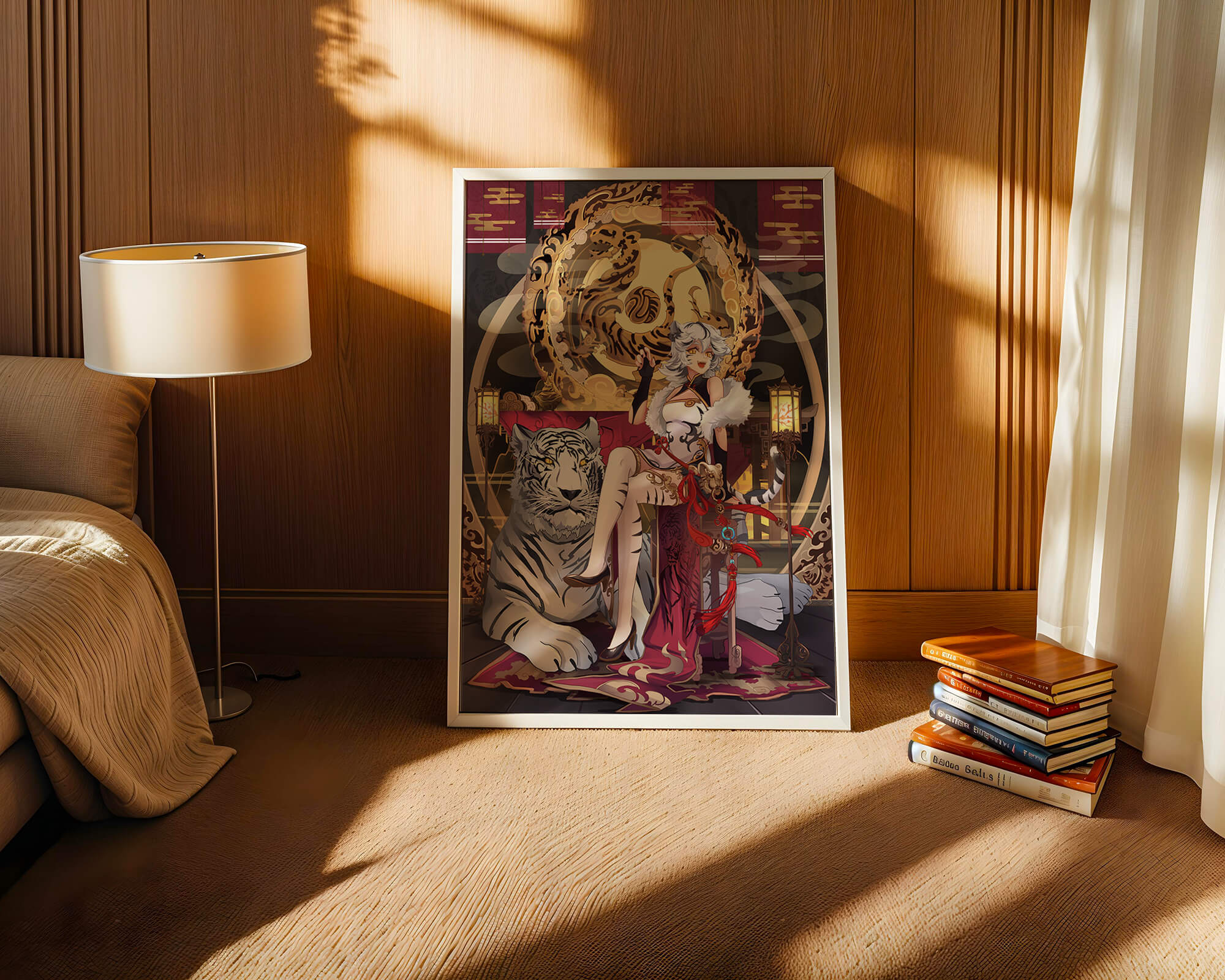 Elegant fantasy character with mystical tiger and ornate decor