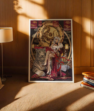 Elegant fantasy character with mystical tiger and ornate decor