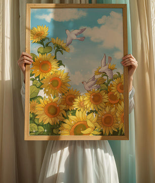 Friedliche Szene mit Sonnenblumen und Tauben unter einem strahlend blauen Himmel