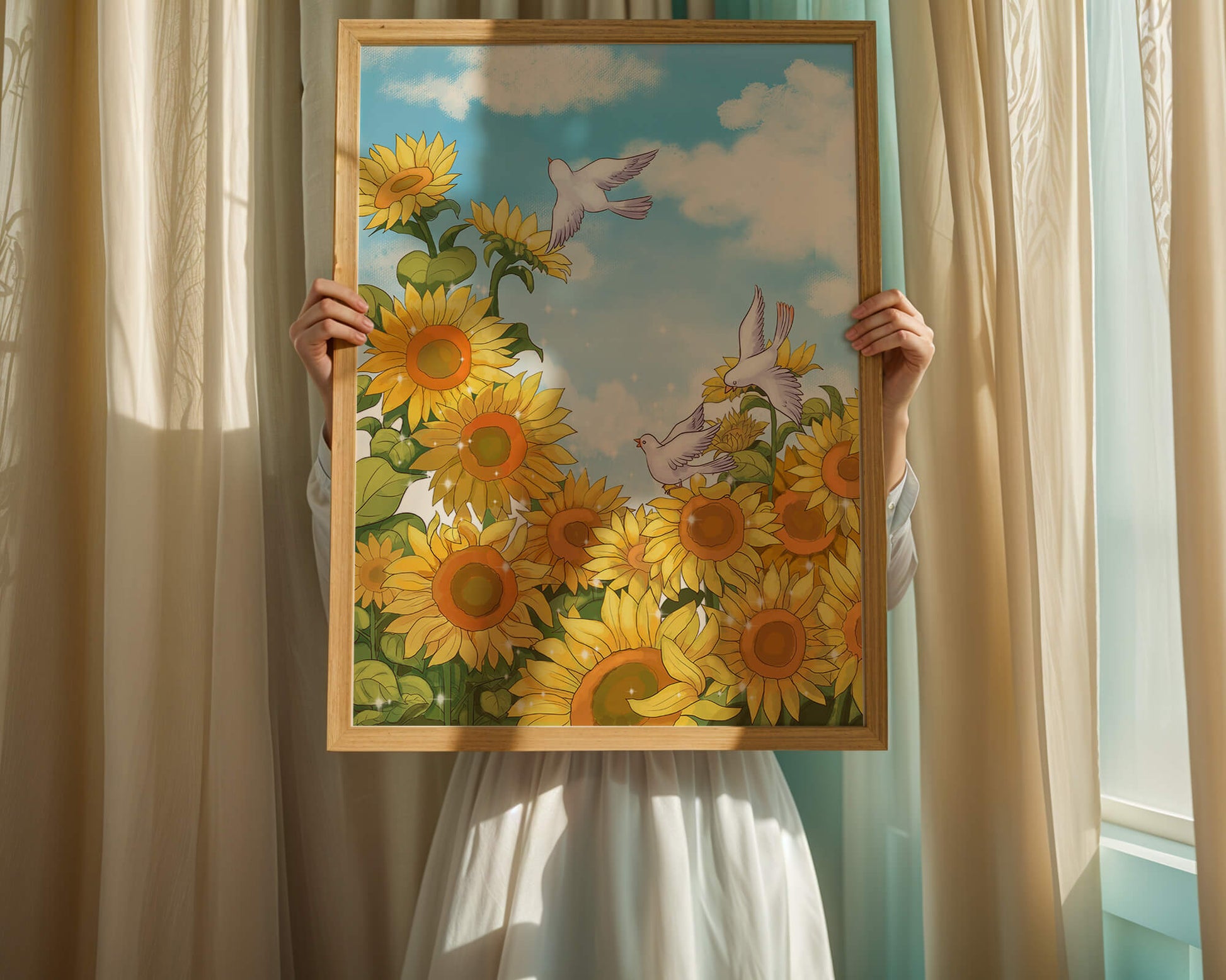 Friedliche Szene mit Sonnenblumen und Tauben unter einem strahlend blauen Himmel