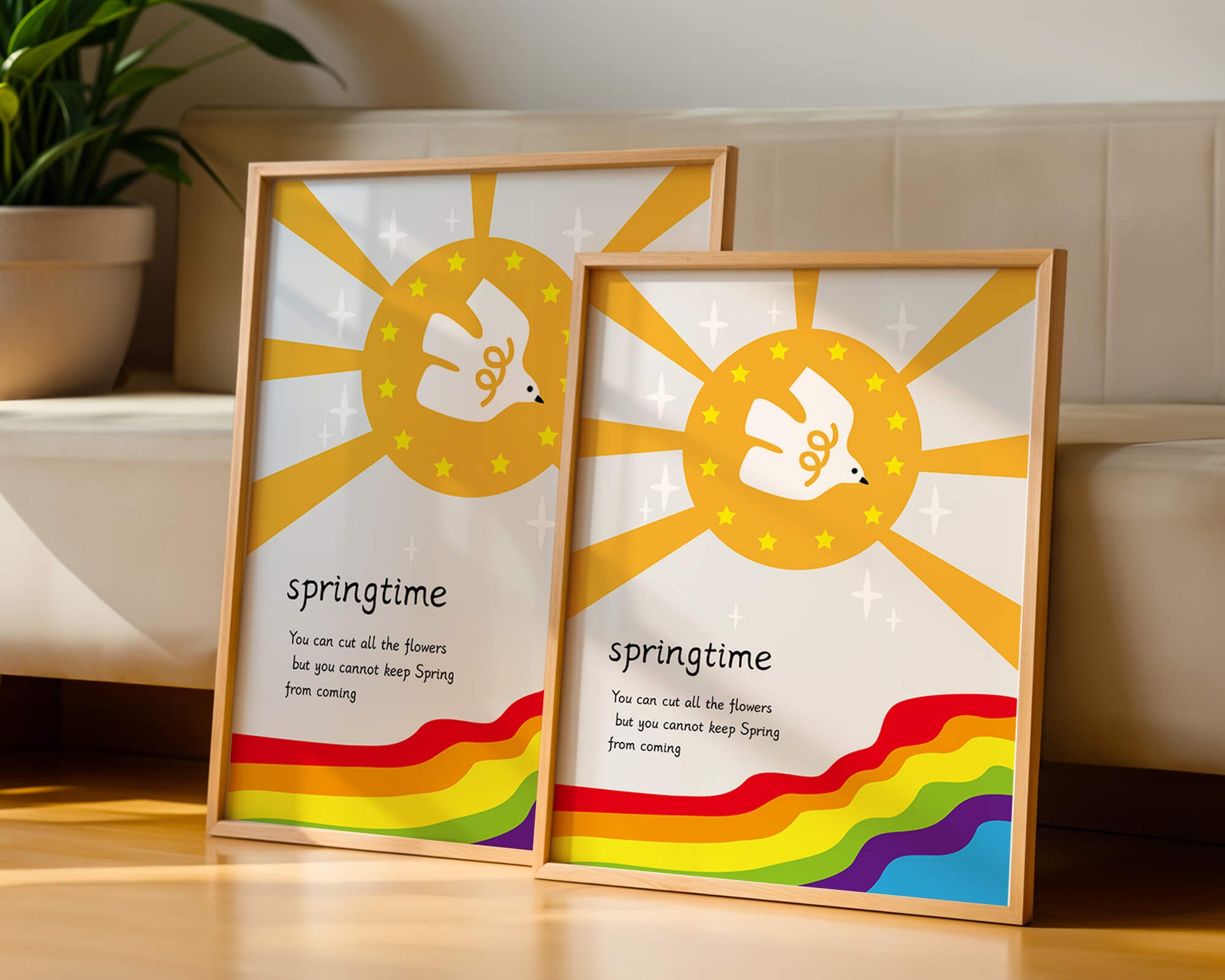 Colorful springtime illustration with dove and rainbow