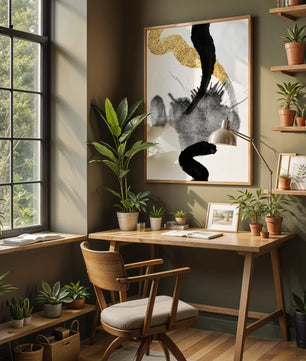 Abstract black and gold brushstrokes with textured patterns