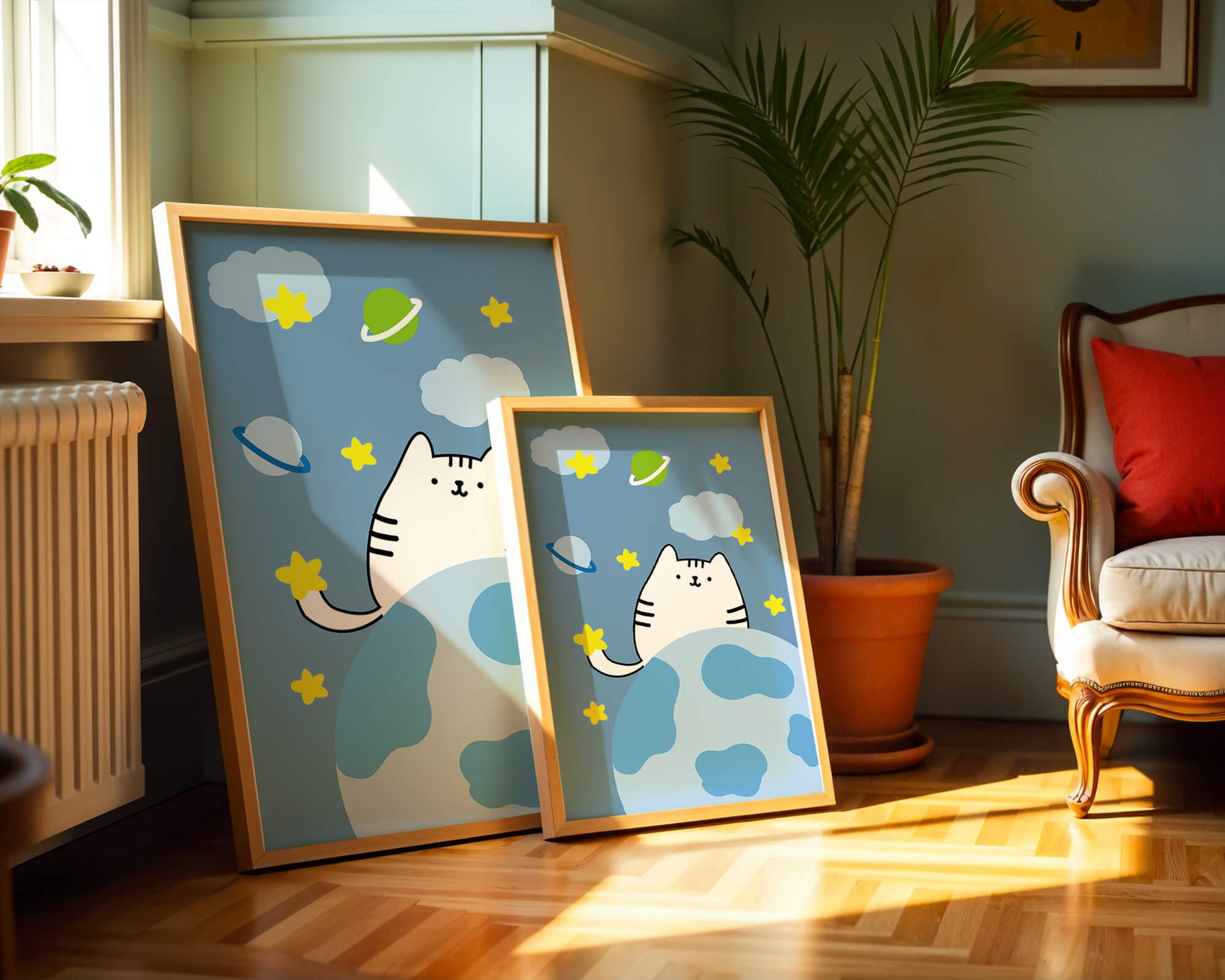 Ilustración encantadora de un gatito en una escena espacial caprichosa con nubes y estrellas