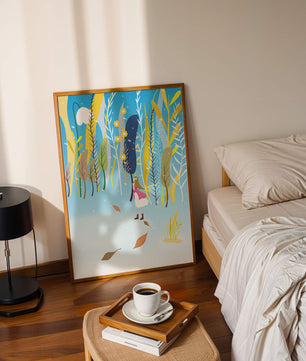 Ilustración caprichosa de una niña en un bosque abstracto vibrante