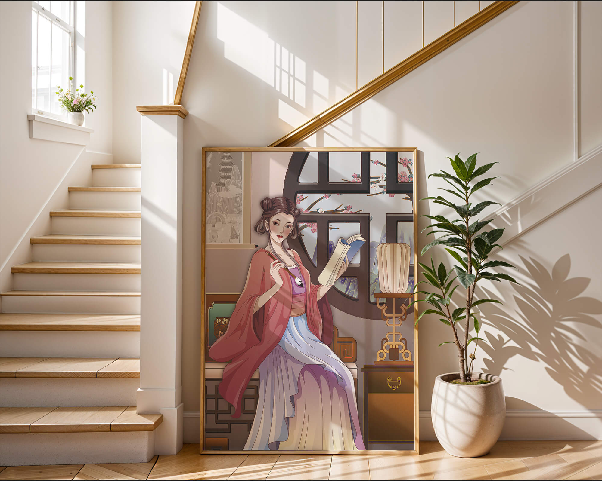 Illustrated scene of a woman in traditional attire reading by a window