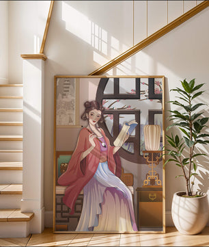 Illustrated scene of a woman in traditional attire reading by a window