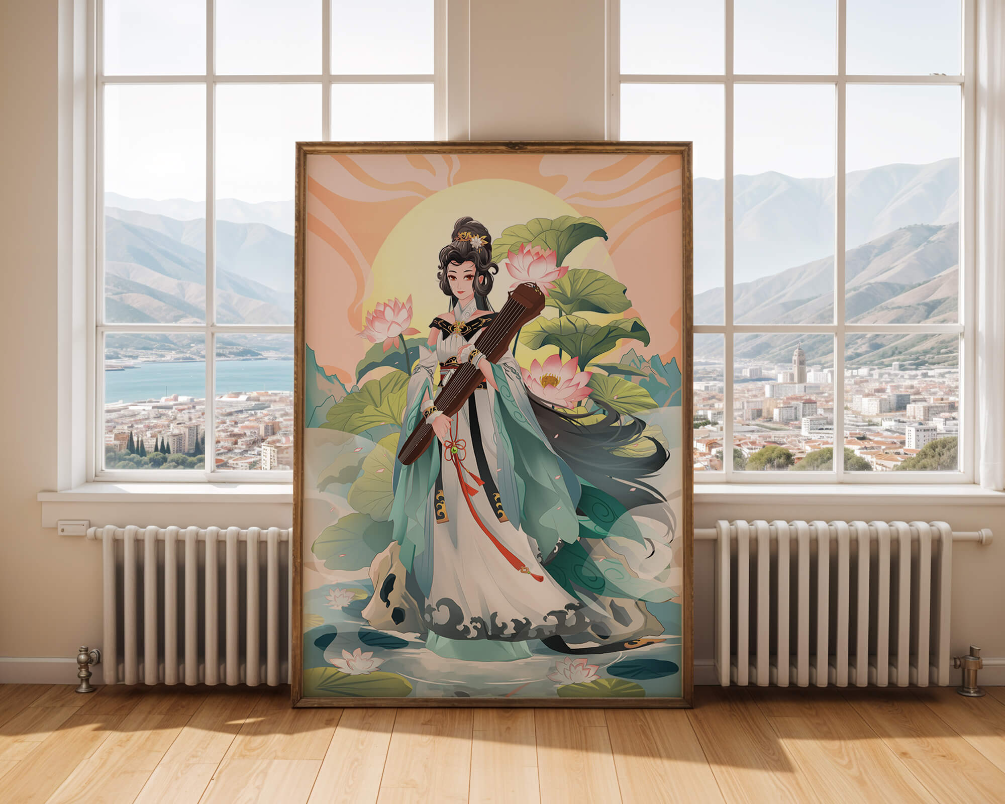 Elegant woman with traditional clothing and musical instrument in serene nature setting