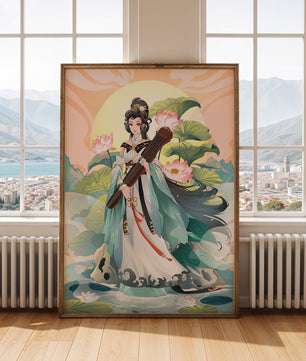 Elegant woman with traditional clothing and musical instrument in serene nature setting