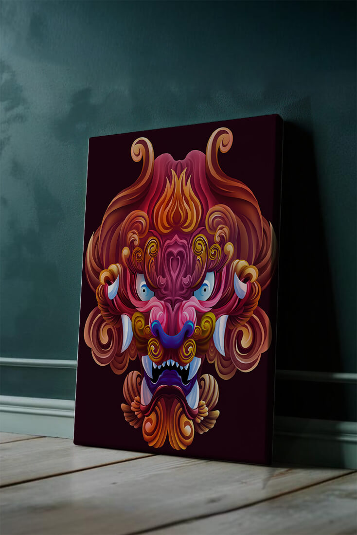 Intricate Colorful Dragon Face Illustration with Swirling Patterns