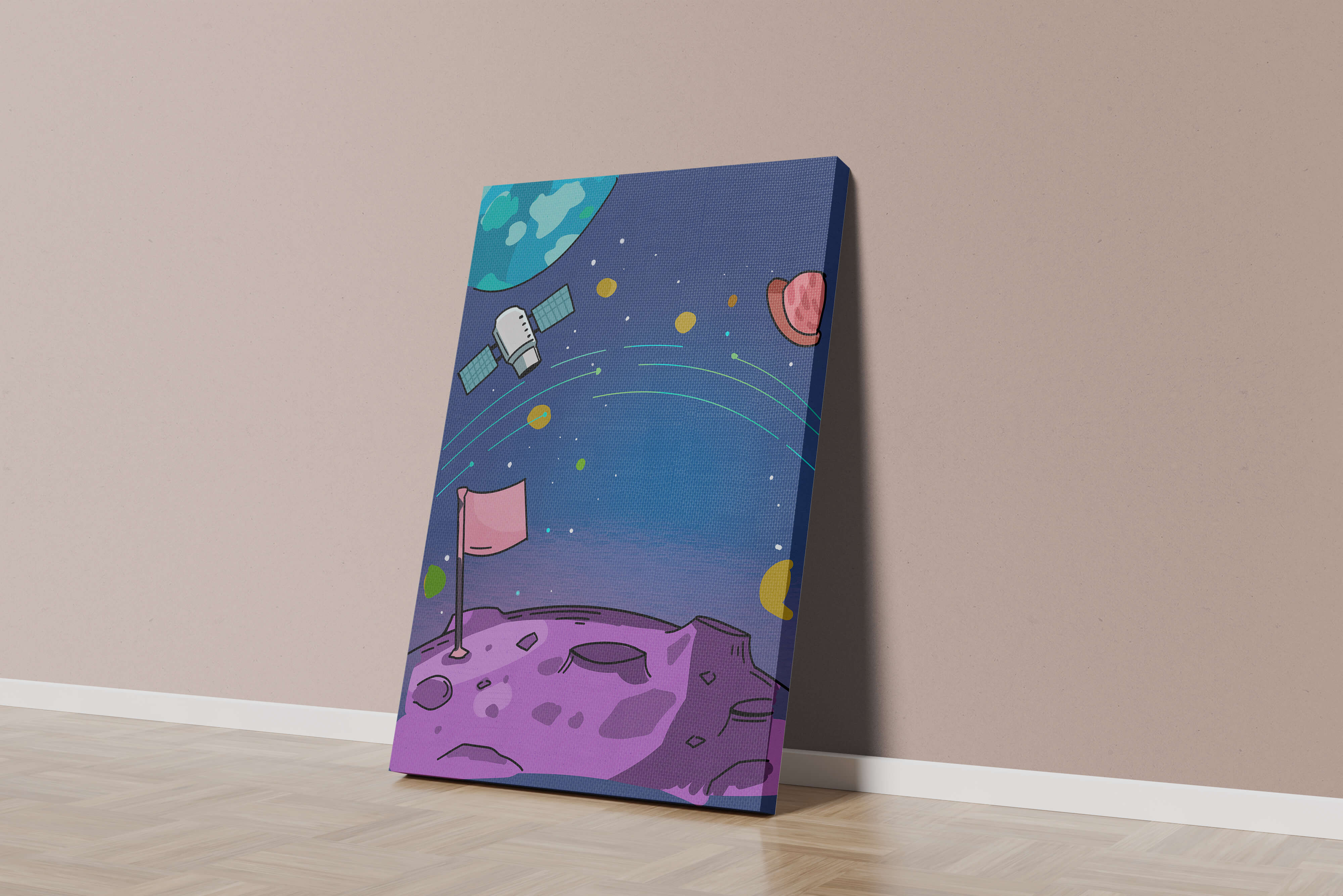 Illustration of outer space scene with planets and satellite