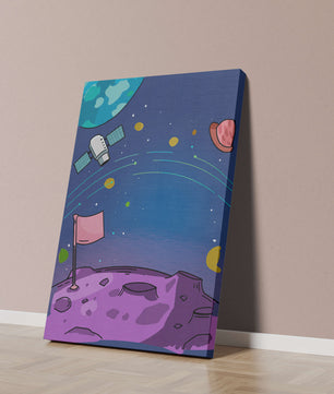Illustration of outer space scene with planets and satellite