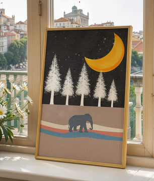 Serene Night Scene with Elephant Under Golden Moon in Forest - Mi tienda