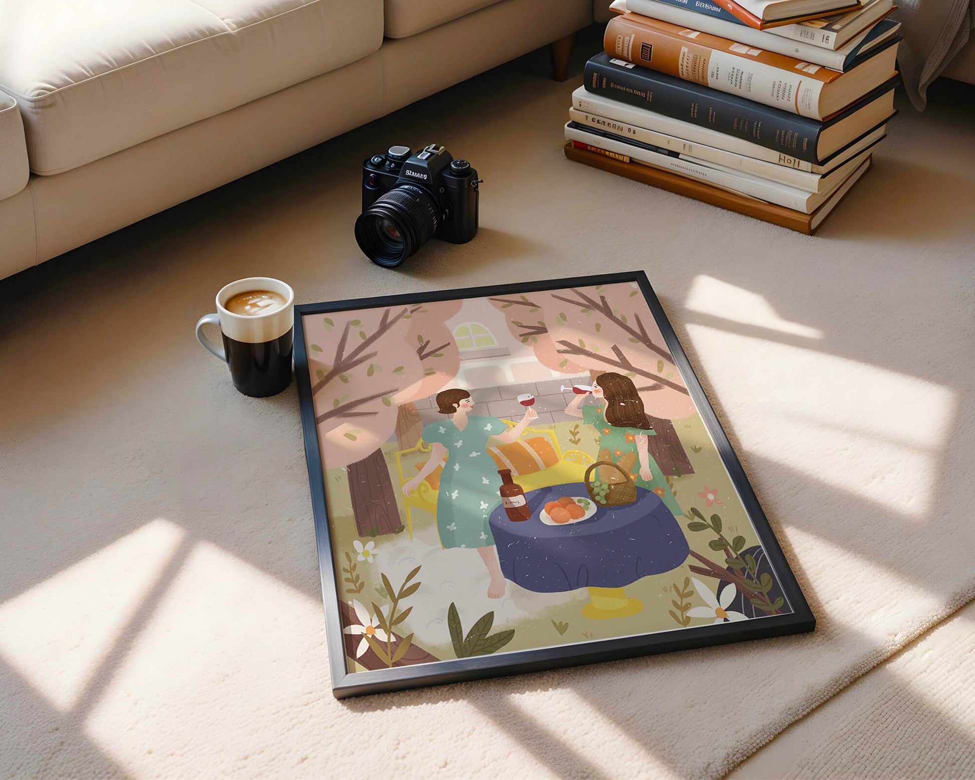 Reunión primaveral en el jardín con vino y frutas