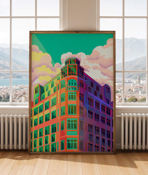 Gebäude mit bunten geometrischen Formen und lebhaftem Himmel