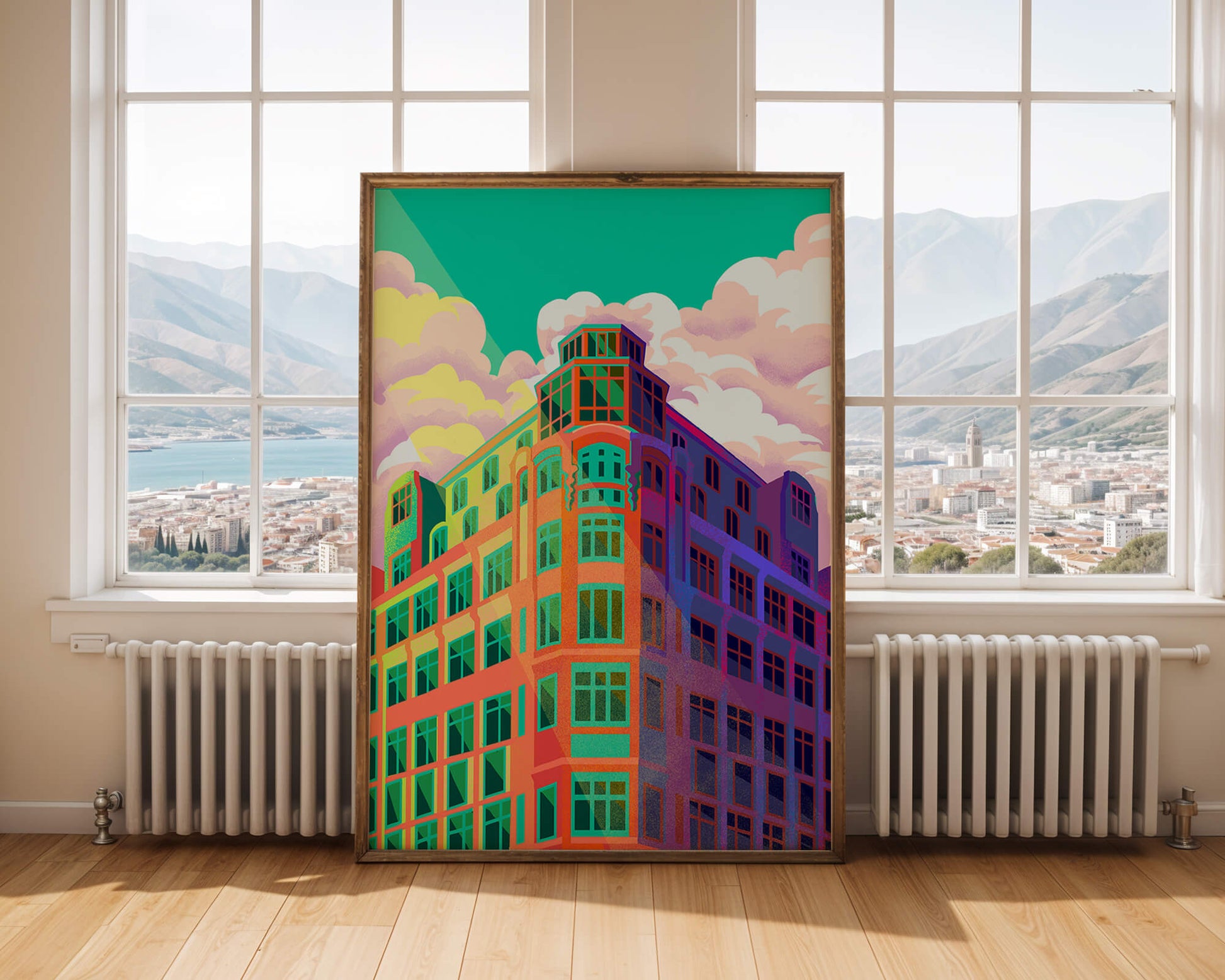 Colorful geometric building with vibrant sky