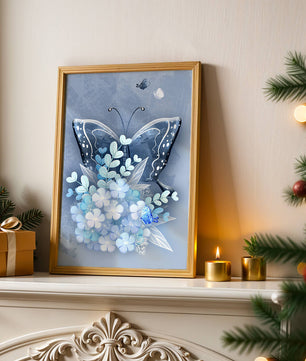 Elegant butterfly with blue floral arrangement artwork
