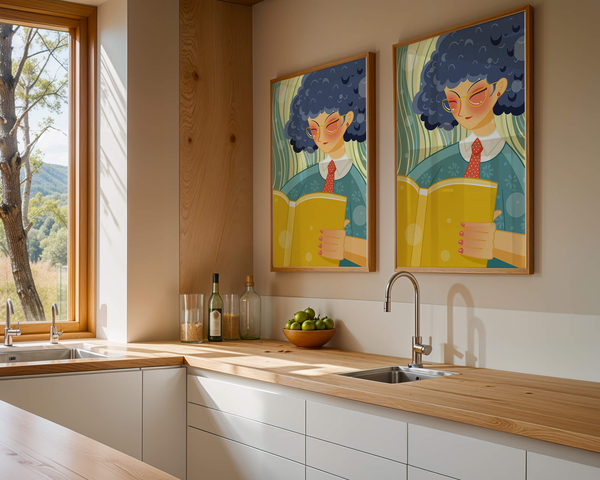 Illustration of a person reading a large yellow book in a stylized design