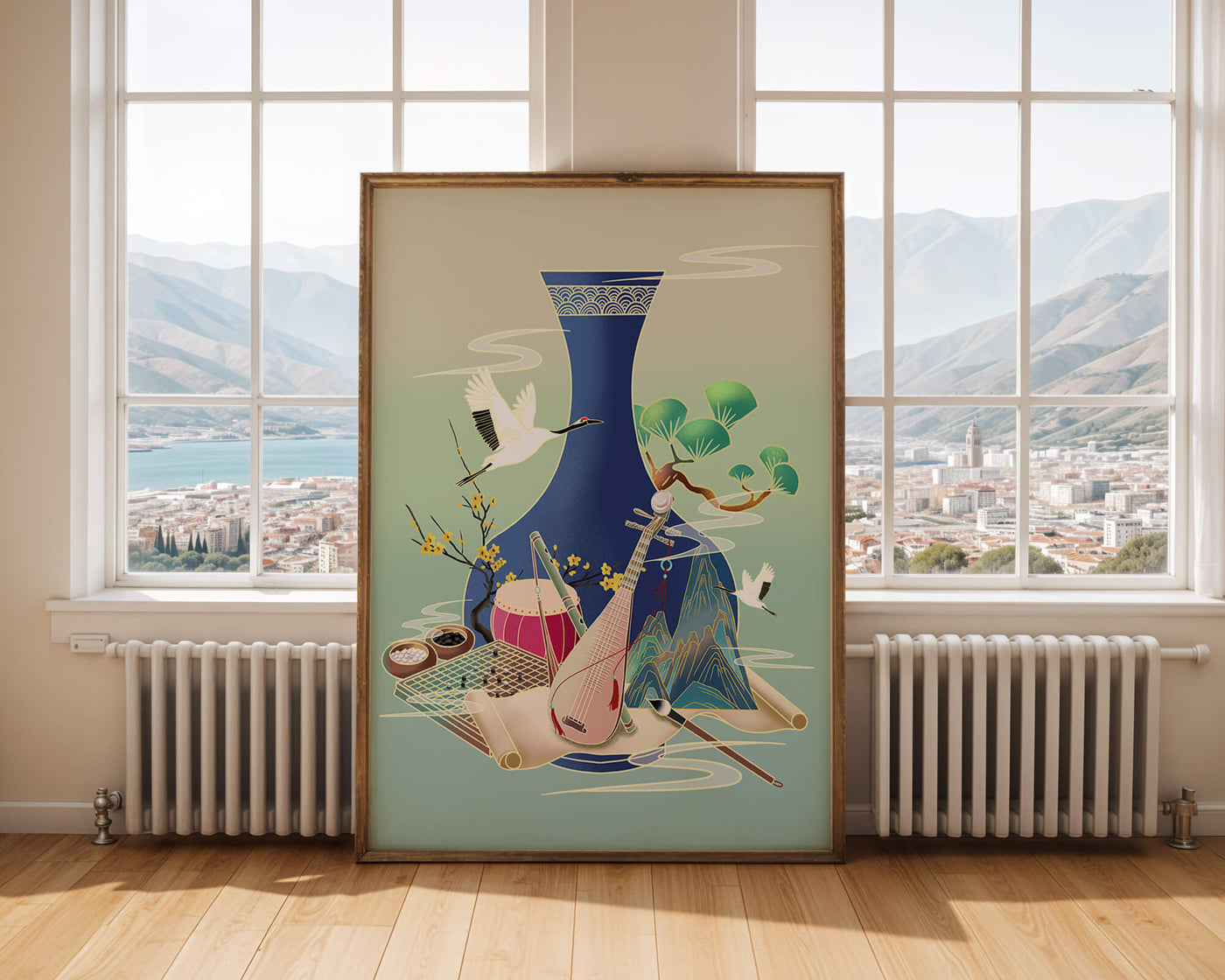 Traditional Asian art scene featuring vase, musical instruments, and cranes