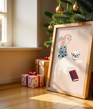 Illustration of playful cat with book and floral vase