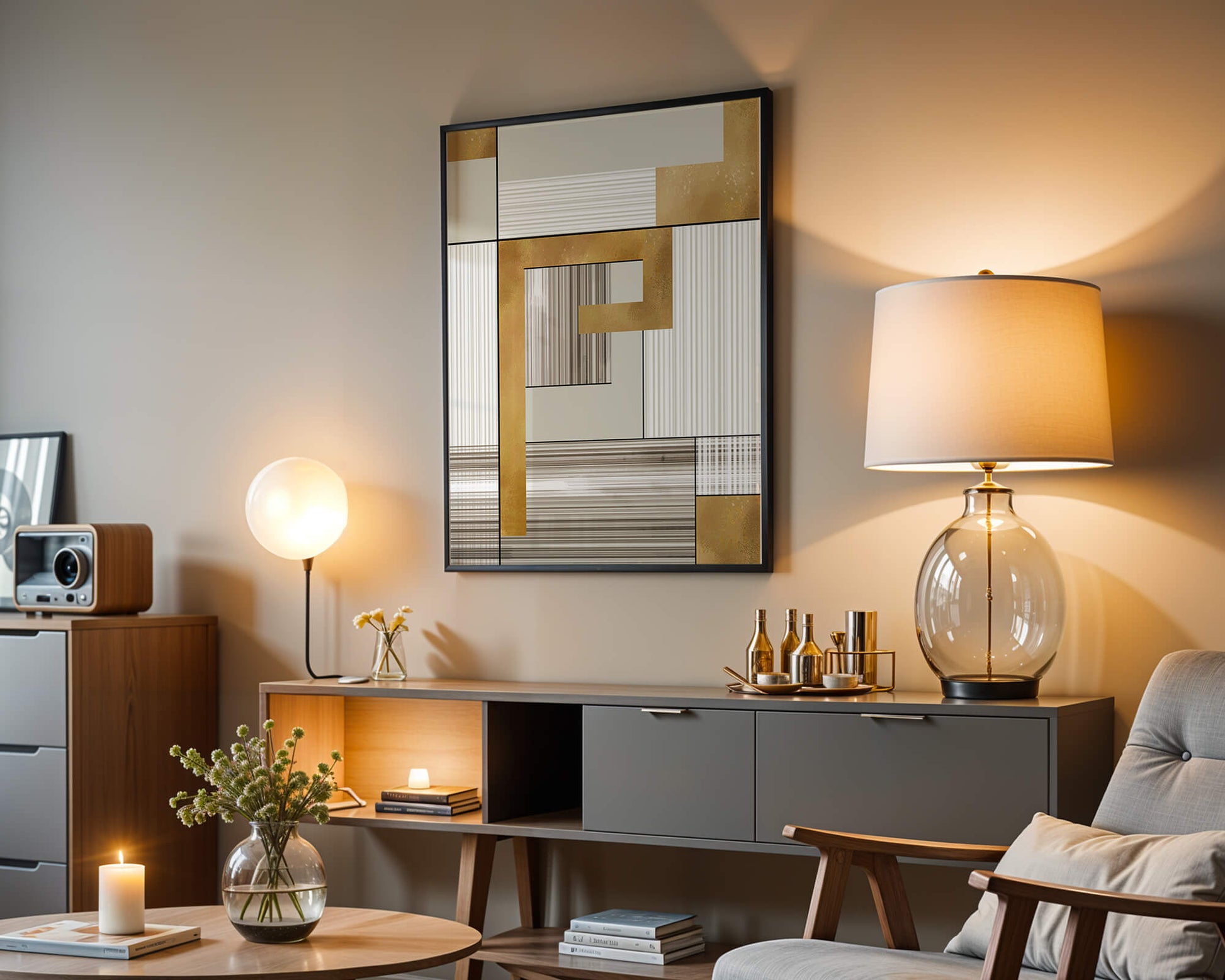 Abstract geometric pattern with gold and neutral tones