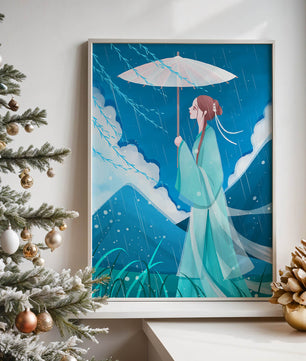 Porträt einer Frau mit Regenschirm in einer verregneten Berglandschaft