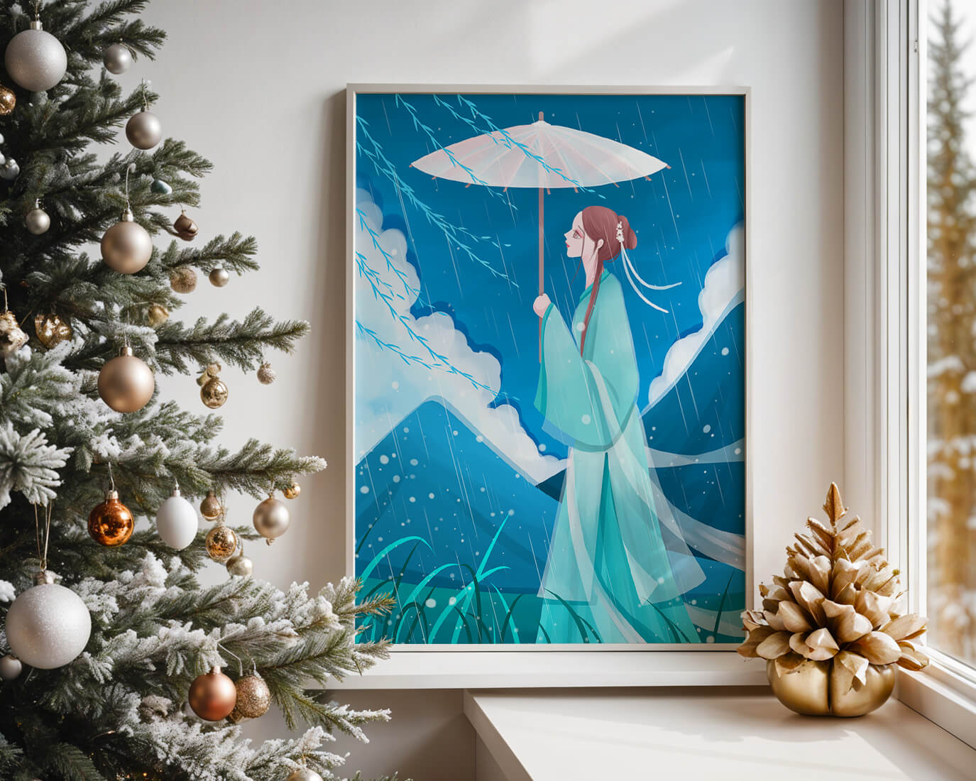 Porträt einer Frau mit Regenschirm in einer verregneten Berglandschaft