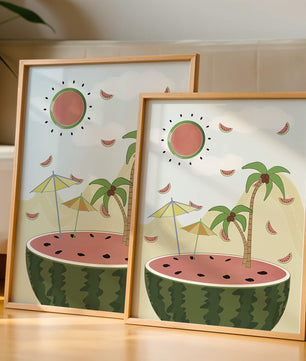 Summer Paradise with Watermelon Sun and Palms in Surreal Landscape