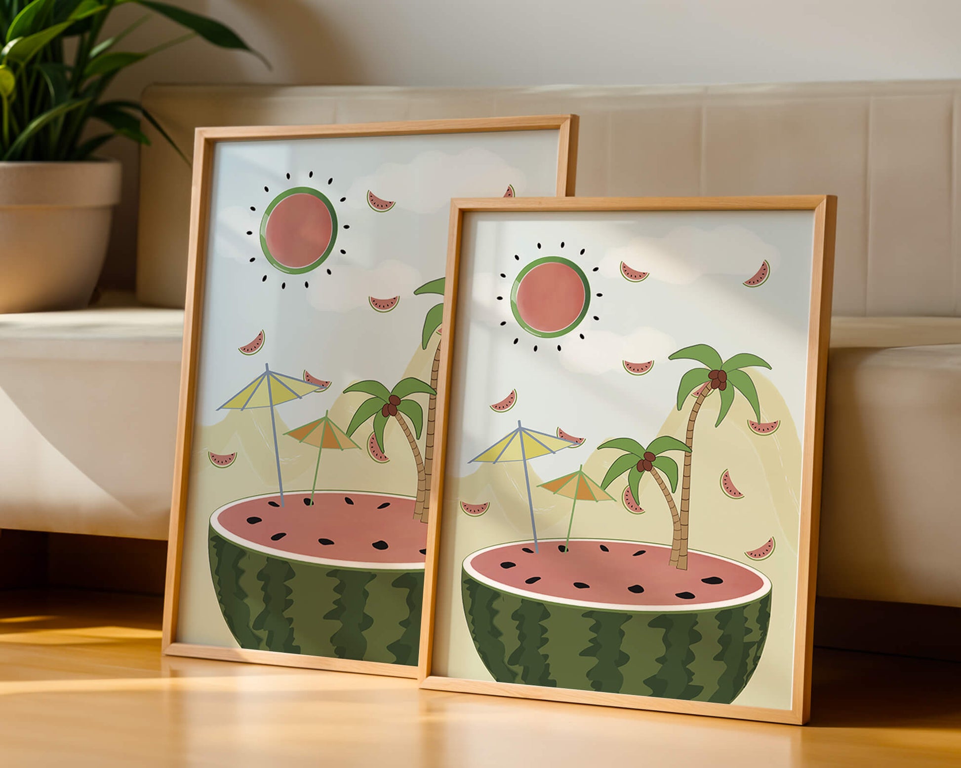 Summer Paradise with Watermelon Sun and Palms in Surreal Landscape