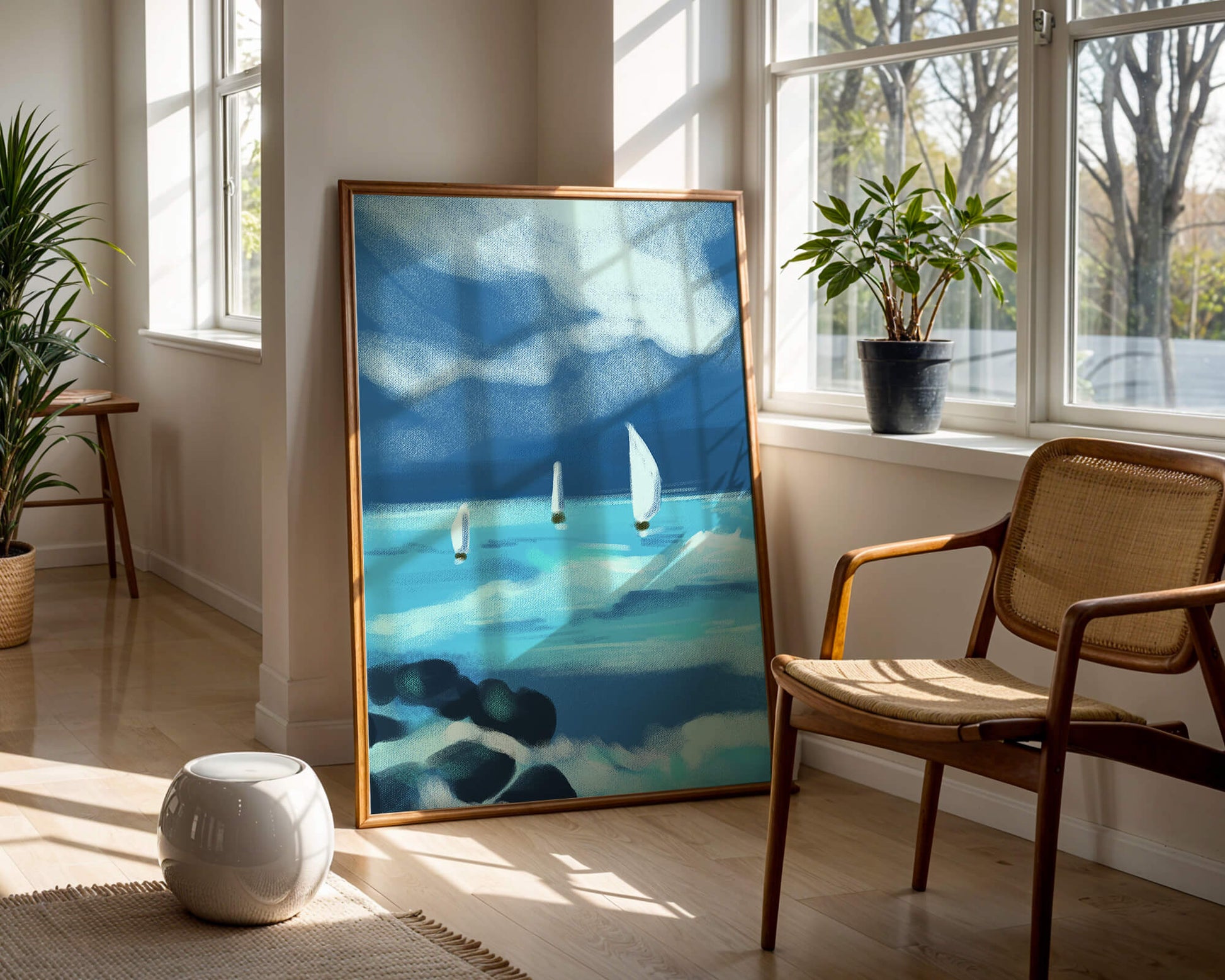 Seascape with sailboats navigating blue waves under a dramatic sky