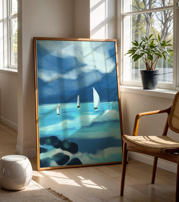 Seascape with sailboats navigating blue waves under a dramatic sky