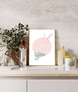 Pájaro pastel con elementos florales en estilo minimalista