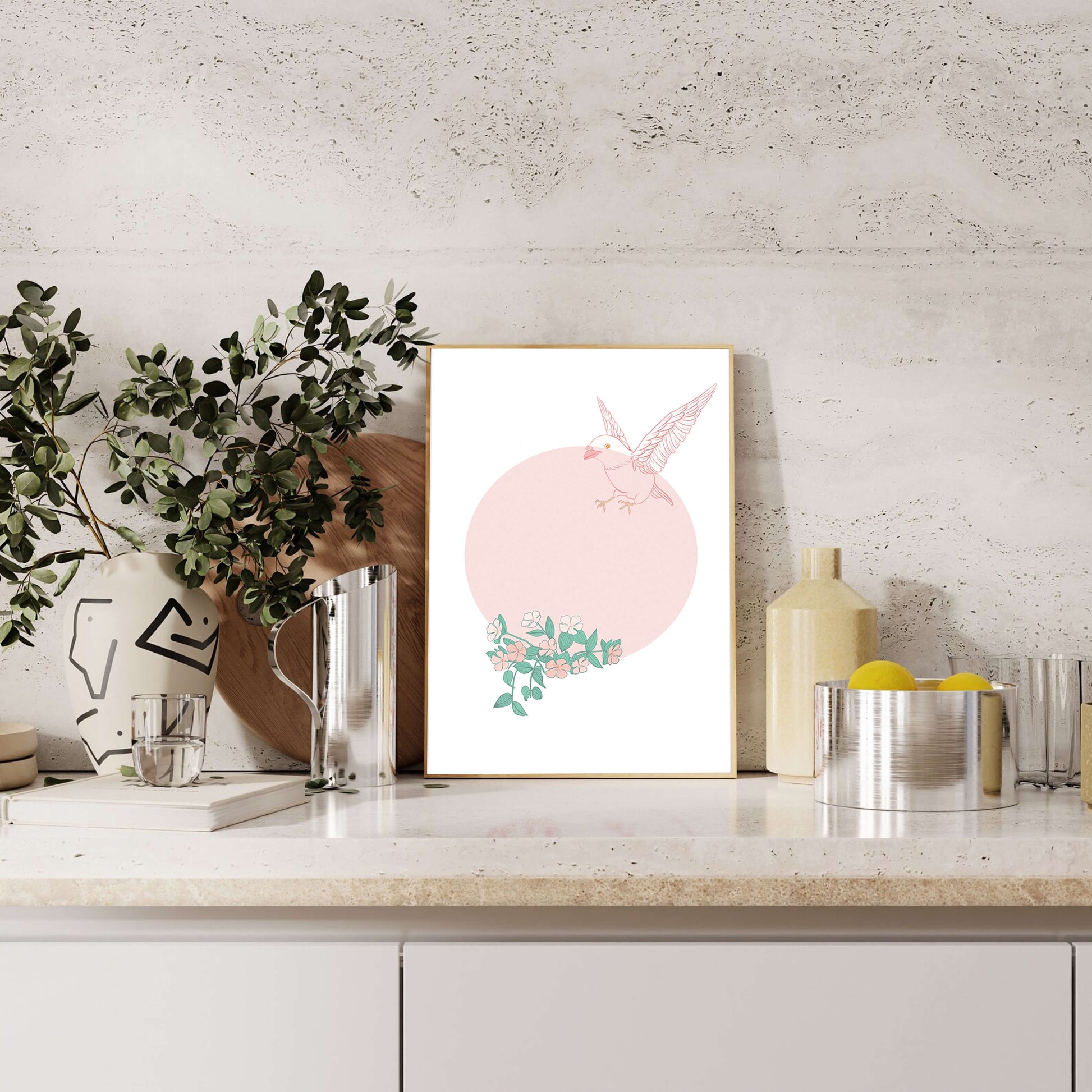Pájaro pastel con elementos florales en estilo minimalista