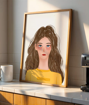 Illustrated portrait of a woman with long brown hair and expressive eyes