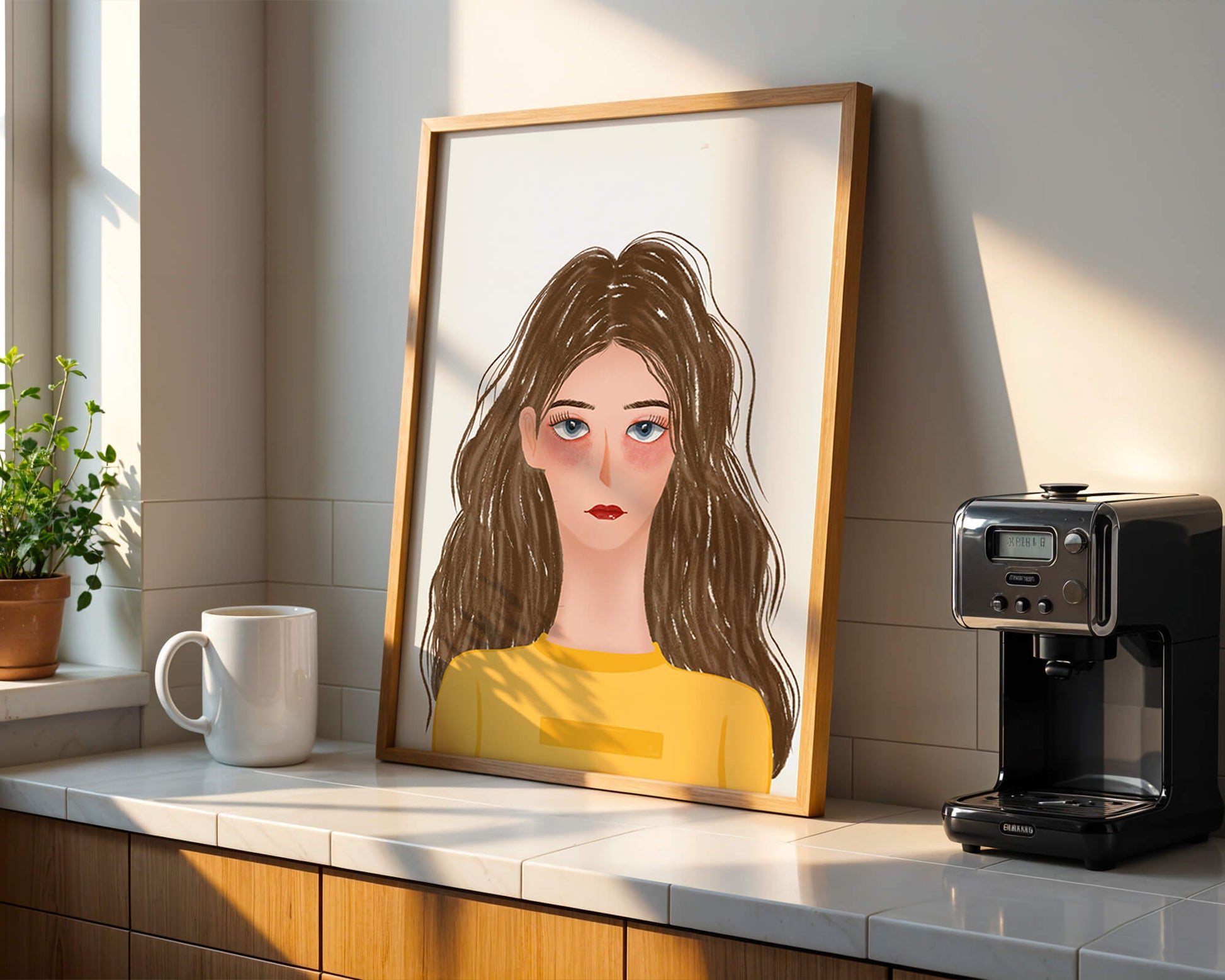 Illustrated portrait of a woman with long brown hair and expressive eyes