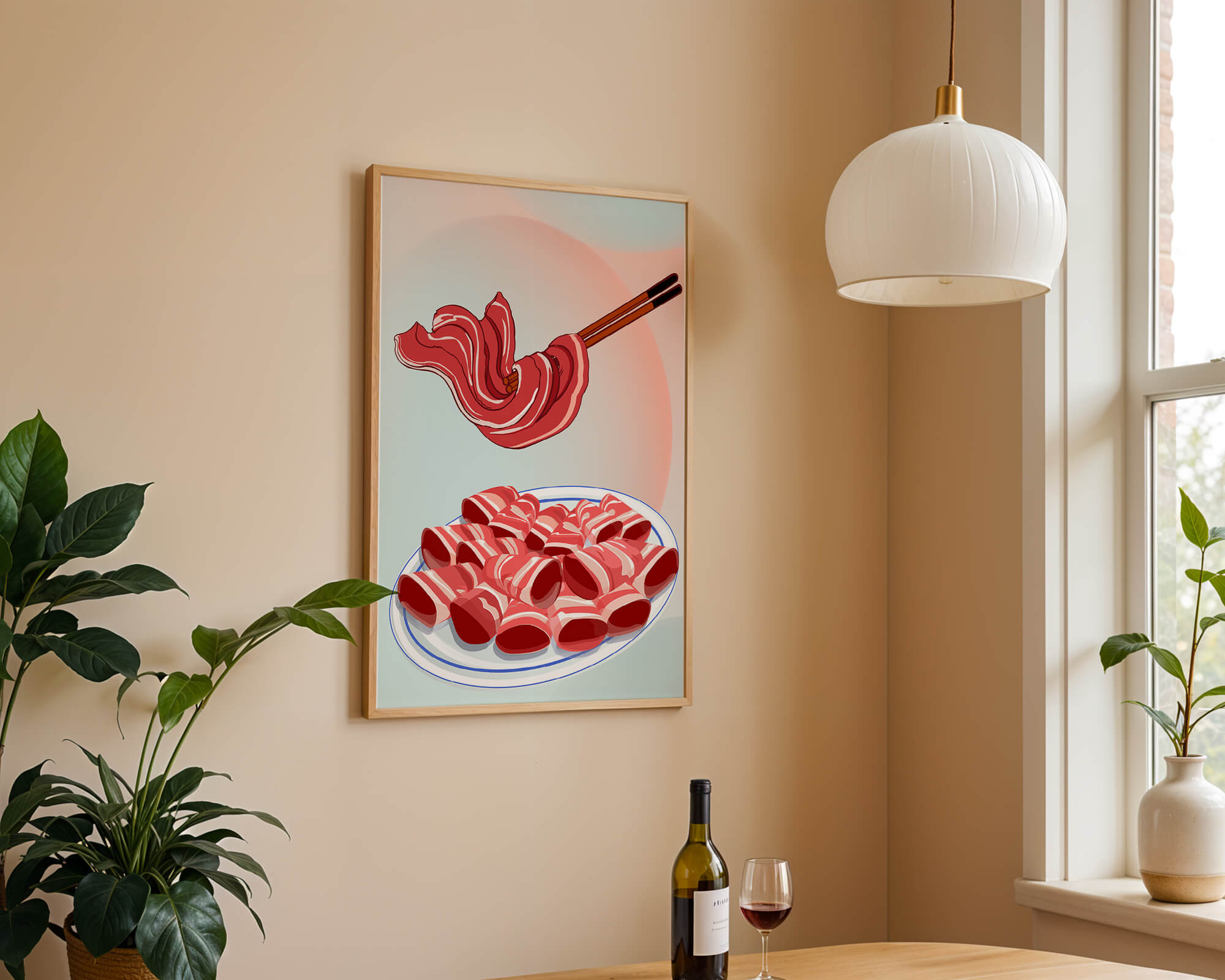 Delicious raw meat slices on plate with chopsticks in background