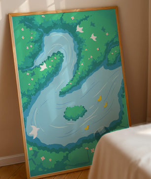 Serene River with Ducks and Birds in a Lush Landscape