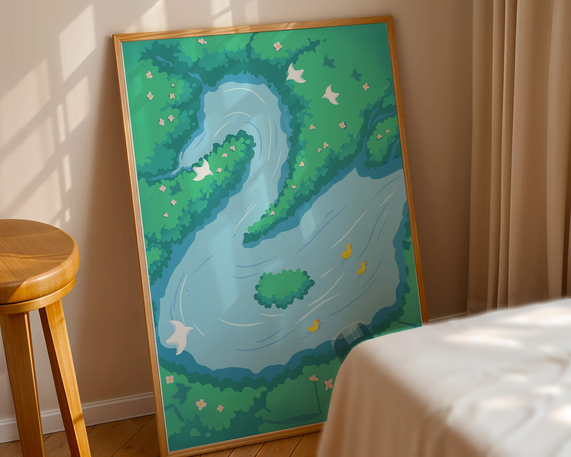 Río sereno con patos y aves en un paisaje exuberante