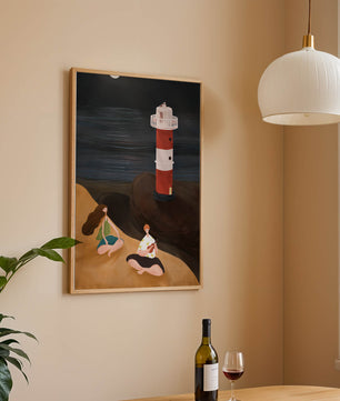 Peaceful Beach Scene with Lighthouse at Night