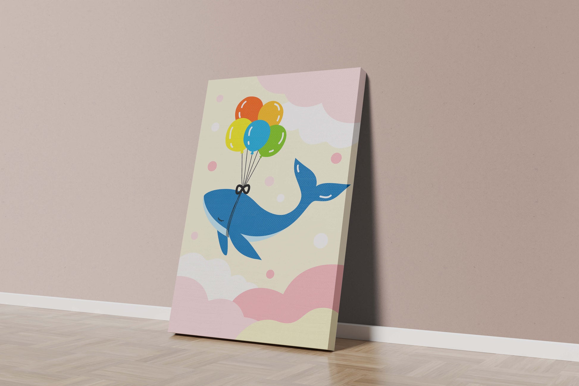 Skurriler Wal, der mit bunten Luftballons fliegt