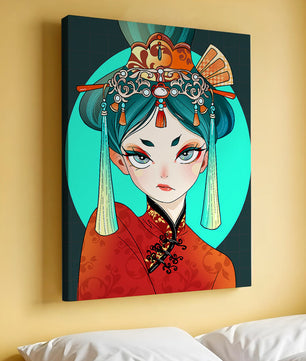 Elegant illustration of a woman in traditional attire with intricate headpiece