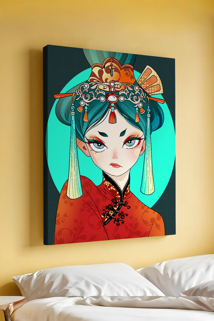 Elegant illustration of a woman in traditional attire with intricate headpiece