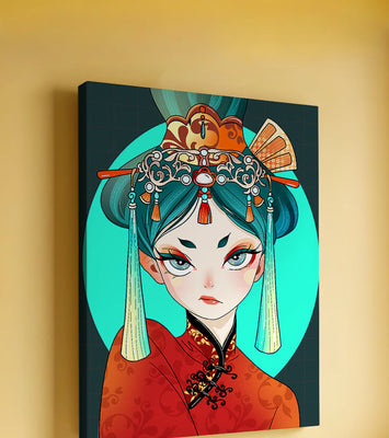 Elegant illustration of a woman in traditional attire with intricate headpiece