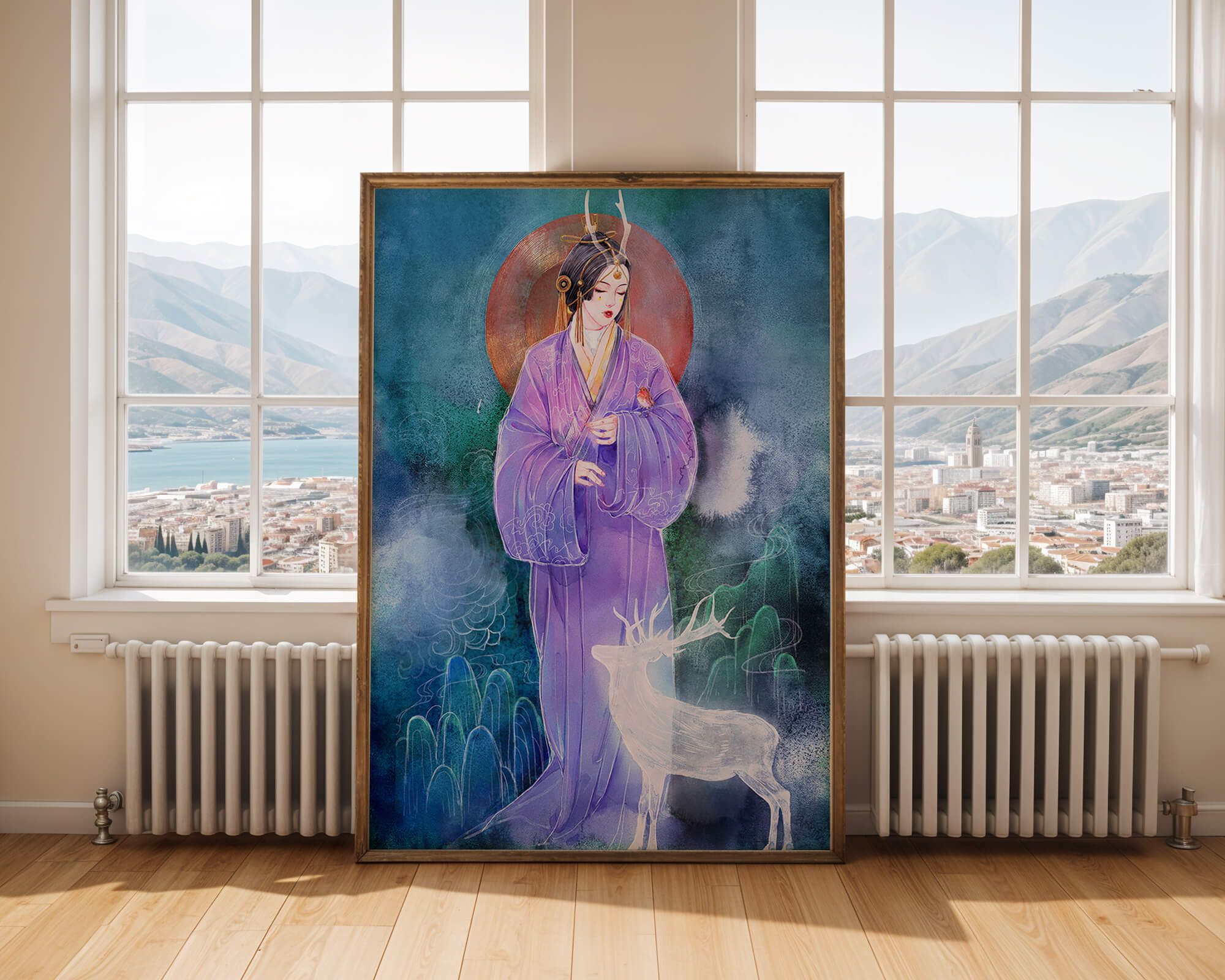 Elegant woman in traditional attire with a mystical deer set against a serene backdrop
