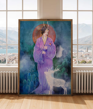 Mujer elegante con atuendo tradicional y un ciervo místico en un fondo sereno