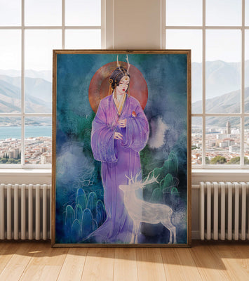 Elegant woman in traditional attire with a mystical deer set against a serene backdrop