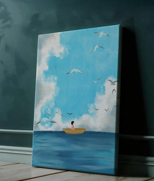 Peaceful seascape illustration with a boat and birds